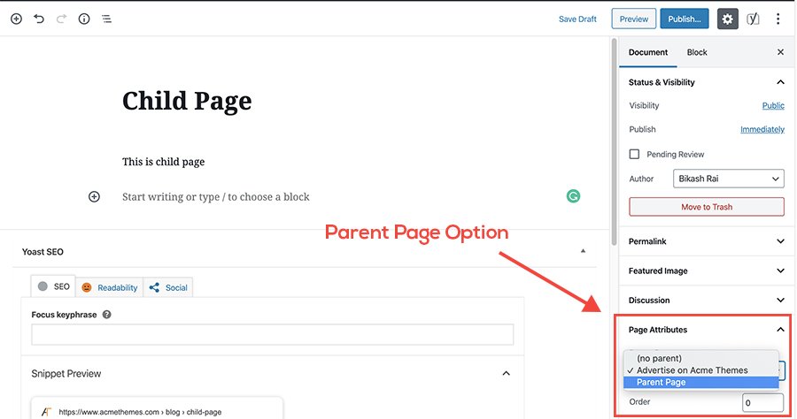 child page in gutenberg